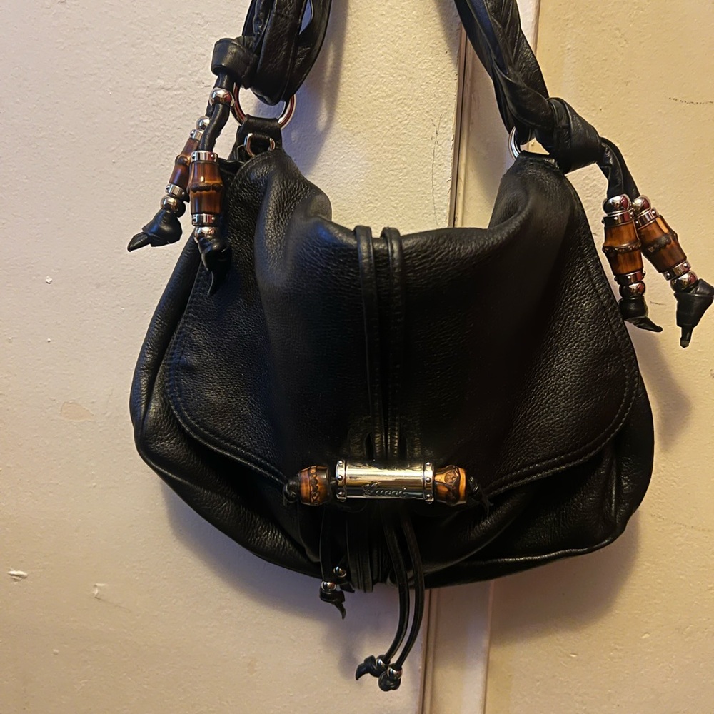 Gucci Black Leather medium jungle Hobo Bag with Wooden Accents